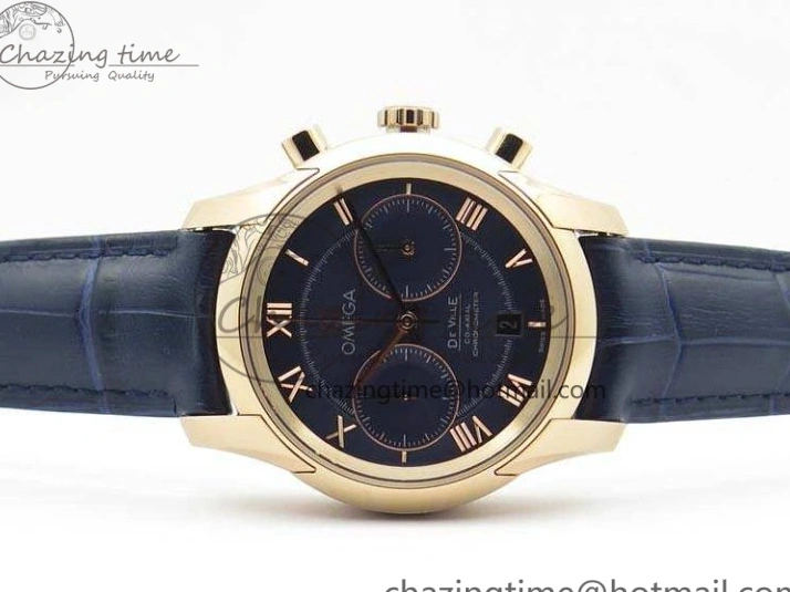 1230 QuickDry De Ville Chronograph RG OMF 1:1 Best Edition Blue Dial On Blue Leather Strap A 8107